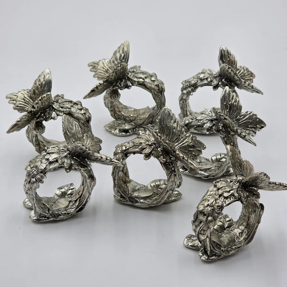 Vtg Silver Resin Butterfly Napkin Ring Hokder Set Of 7